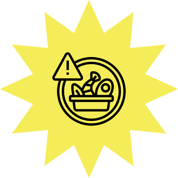 Group 2 (1) Yellow starburst with a black exclamation mark in a triangle, centered over a food basket symbol.