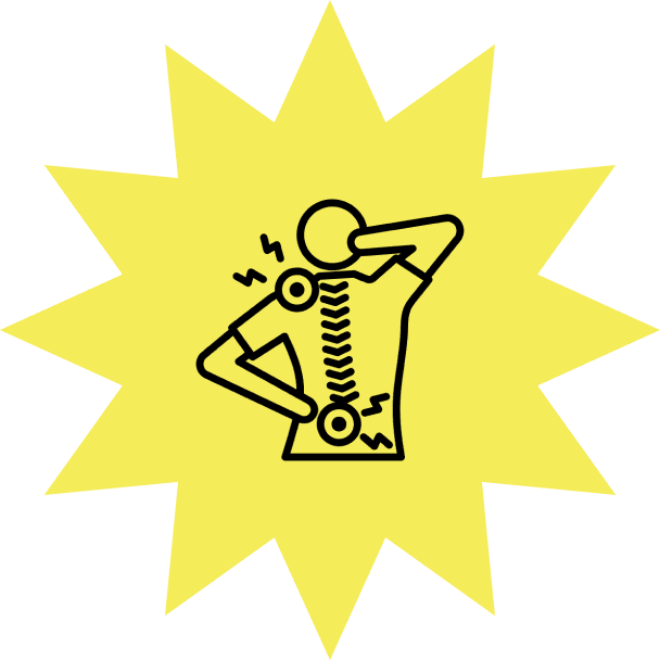 Group 2 (4) Illustration of a person silhouette with a zigzag spine, holding head and lower back, surrounded by a yellow burst, indicating pain or discomfort.