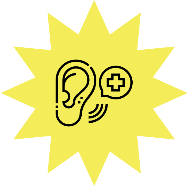 Group 2 Yellow starburst icon featuring a line drawing of an ear and a speech bubble with a medical cross, indicating healthcare or hearing aid assistance.